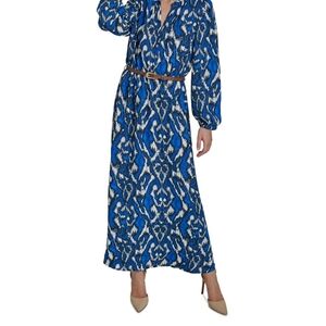 Blue and White Printed Long-Sleeve Maxi Dress